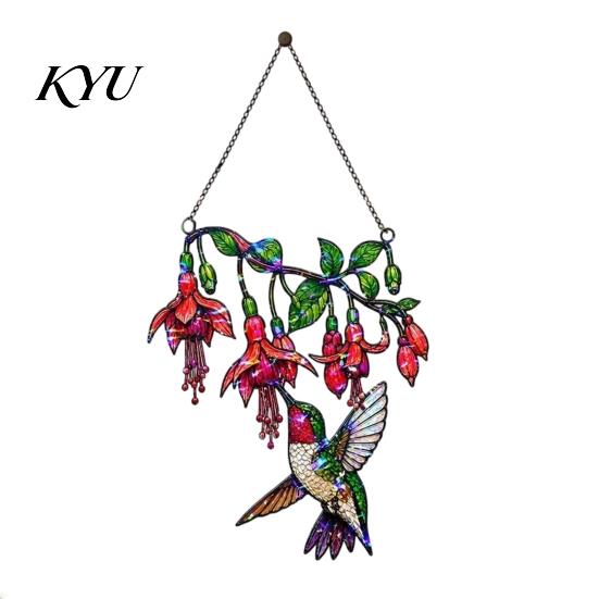 Nature Inspired Home Ornament Hummingbird Window Hanging Pendant, Acrylic Stained Glass Style Suncatcher for Art Decor Garden Balcony Decoration,