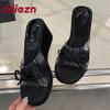 Fashion Fashion Butterfly-Knot Women Wedges Slippers Shoes Female Slides Sandals Round Toe Ladies Heeled Slippers Wedges Shoes Pumps
