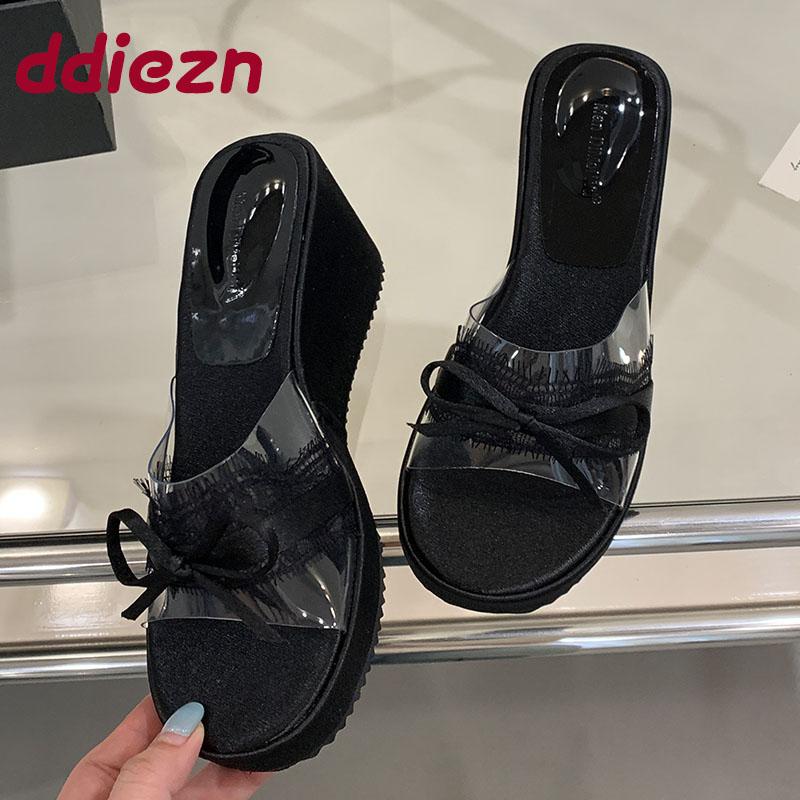 Fashion Fashion Butterfly-Knot Women Wedges Slippers Shoes Female Slides Sandals Round Toe Ladies Heeled Slippers Wedges Shoes Pumps