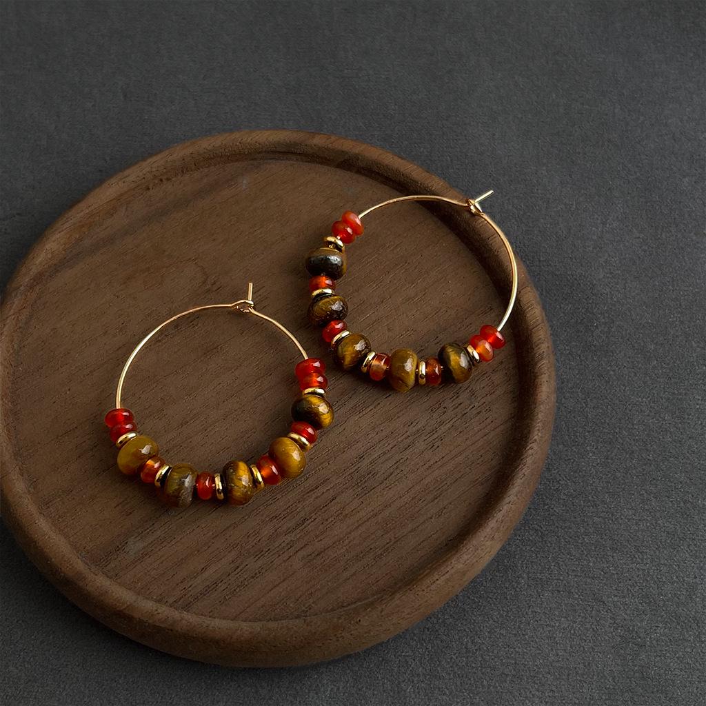 Retro Melaard Tiger's Eye Handmade French Light Luxury Stud Earrings for Women