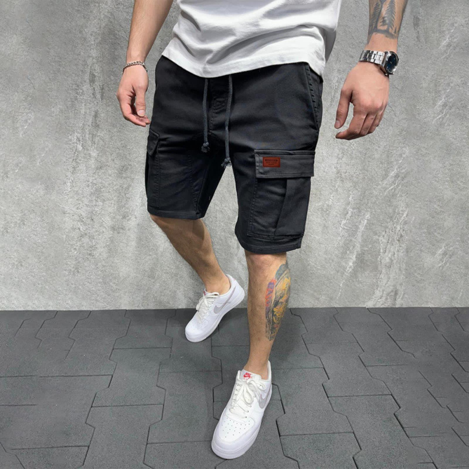 

Mens Multi Pocket Cargo Shorts Loose Fit Straight Leg Athletic Knee Length Shorts Drawstring Waistband Utility Style XXXL чорний