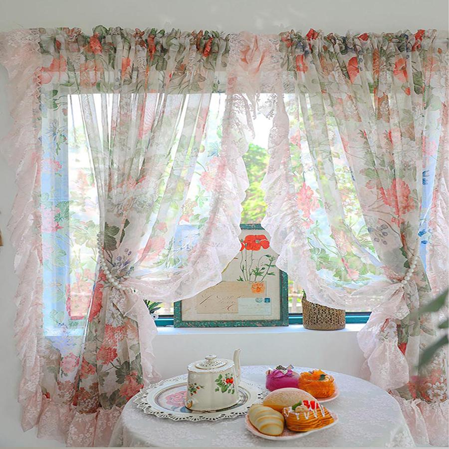 Pastorale Bloemen Tule met Roze Kant Gerimpelde Gordijnen voor Slaapkamer, Romantische Retro Voile Raambekleding voor Keukendecoratie 1 PC W100 X H80cm&Rod Pocket Process roze