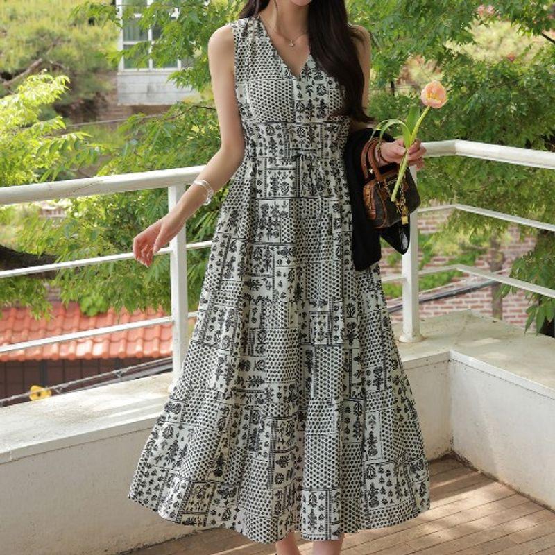 K-style Plus Size Women's Clothing V Neck Leaves Retro Printed Waist-Controlled Lacing Mid-Length Sleeveless Vest Dress Dress