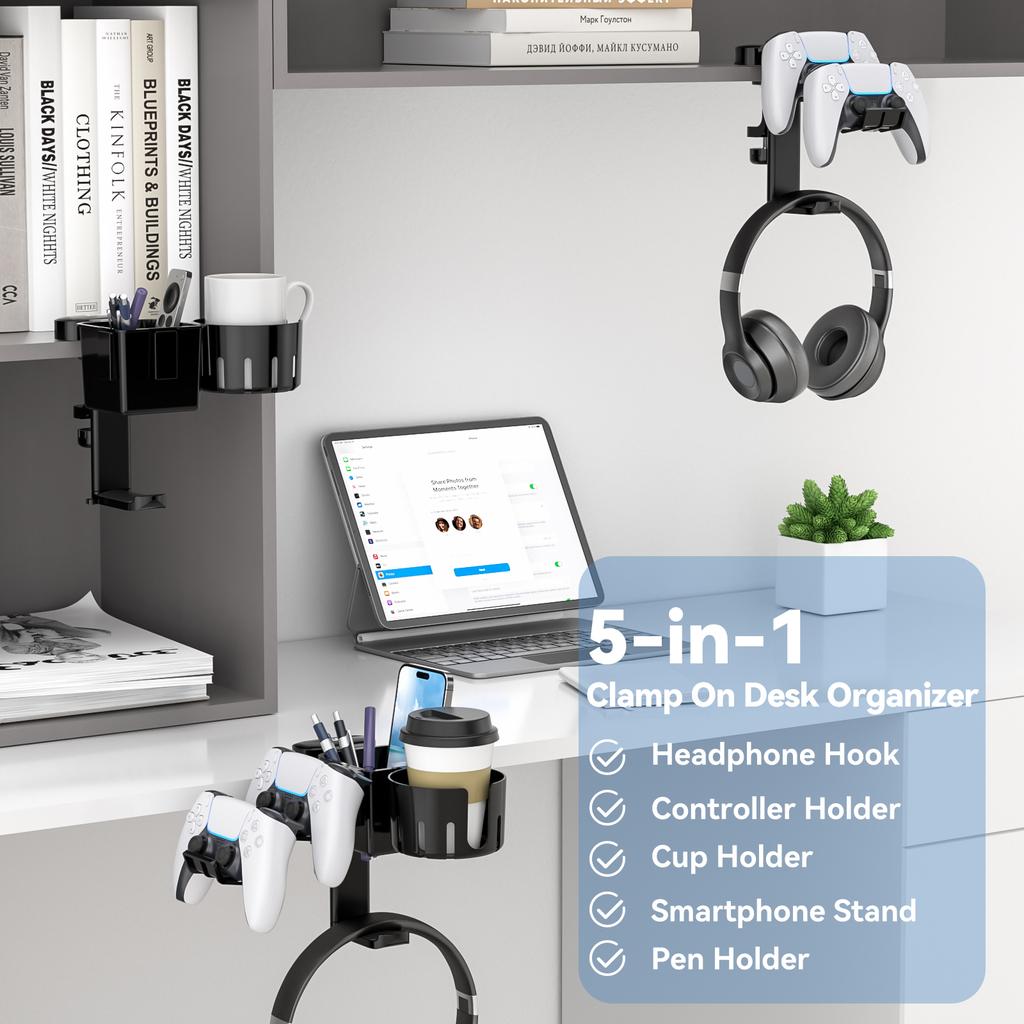 Desk Controller Holder 5 in 1 Rotating Headphone Hanger with Cup Holder Clamp On Desk Organizer Holds Controller Cup Cell Phone