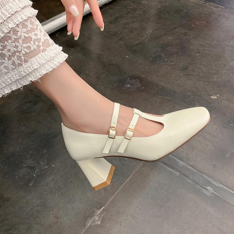 

Square heel buckle non-slip beef tendon sole single shoes, new comfortable cowhide fashion single shoes for women, square head high heel small leath 40