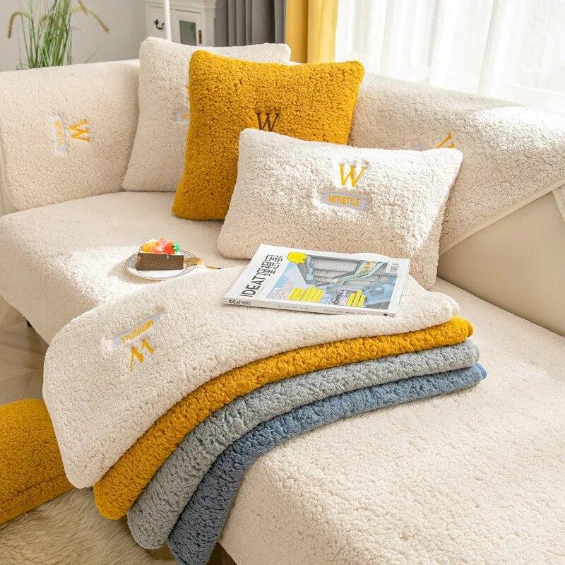 Lamb Plush Embroidery Sofa Cushion Winter Thickened Cushion Non-Slip Universal Living Room Sofa Cover Armrest Backrest Towels