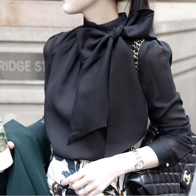 Spring and Summer Women's Fashion Loose Long-sleeved Bow Bottoming Shirt