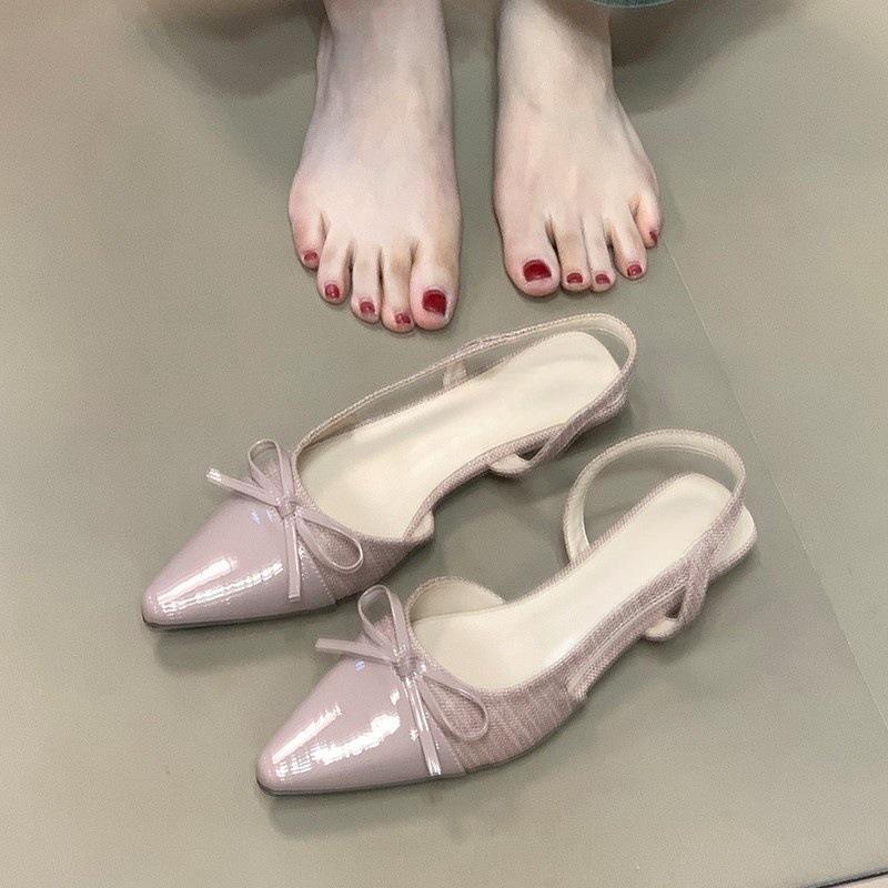 Gentle Temperament Shallow Mouth Women's Single Shoes 2025 Summer Bow French Back Empty Splicing Bag Head Sandals