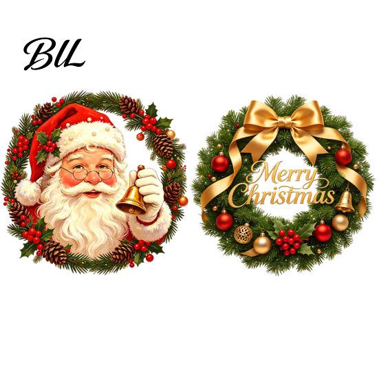 Easy Application Wall Art Christmas Wreath Window Stickers, Retro Santa Claus PVC Decals, Waterproof Decorative Festive Garland Decorations