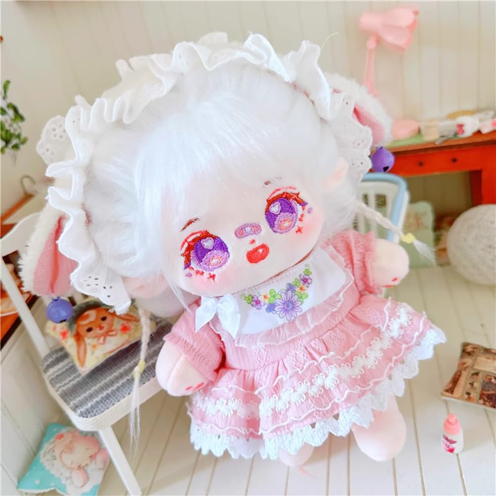 Niannyyhouse 20cm Plush Girl White with Fried Hair and Black No Regular Cotton Skeletons Hair, Attributes, Body, Doll, Dress-Up (10 Included)
