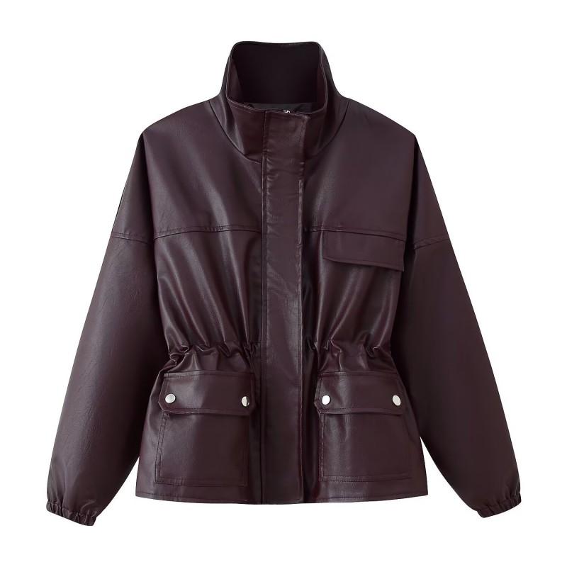 Womens Faux Leather Jacket Stand Collar Short Length Slim Waist Pockets Street Style Winter 2025