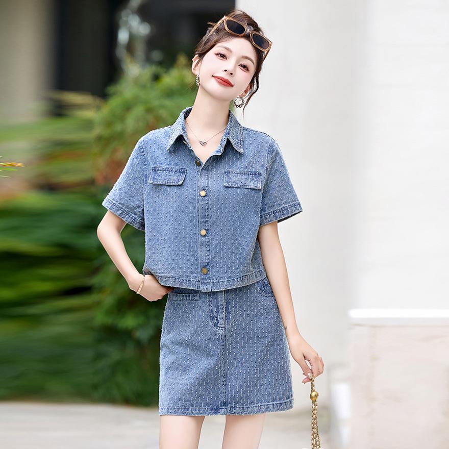 

Модный костюм Xiaoxiang Fan женский летний новый повседневный джинсовый жакет с короткими рукавами и юбка, модный комплект из двух предметов XXL