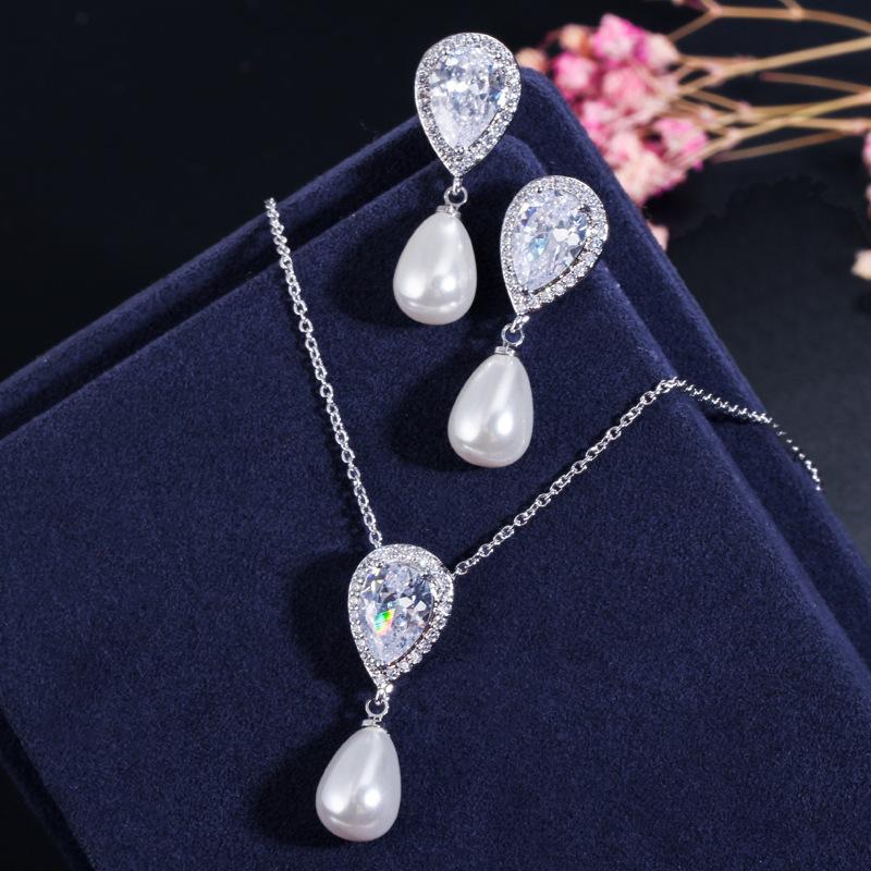Ki0083 Literary And Artistic Small Fresh Set, Zircon Water Drop Pearl Pendant Earrings Two-Piece Set