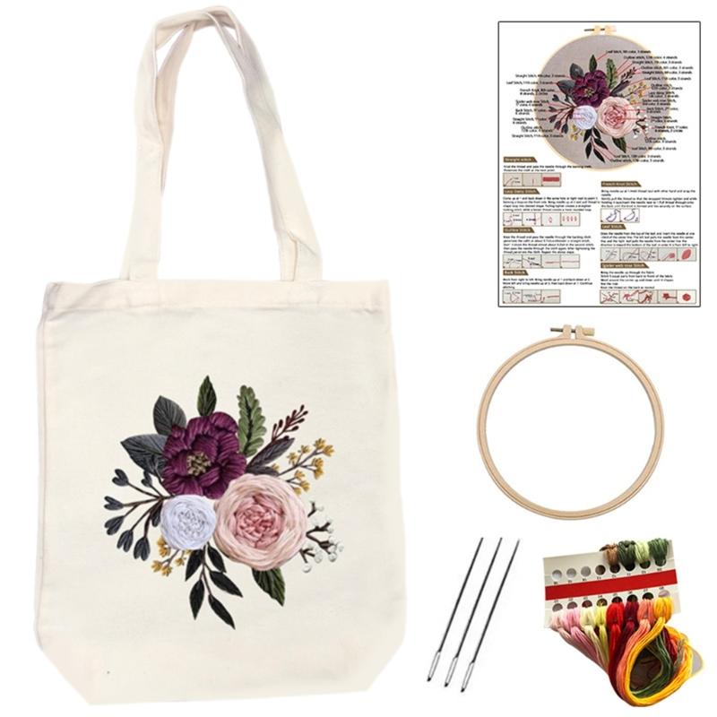 

Handmade Canvas Bag Embroidery Kits with Flower Pattern Needle Top Handle Bag Embroidery Starter Kits Sewing Kits