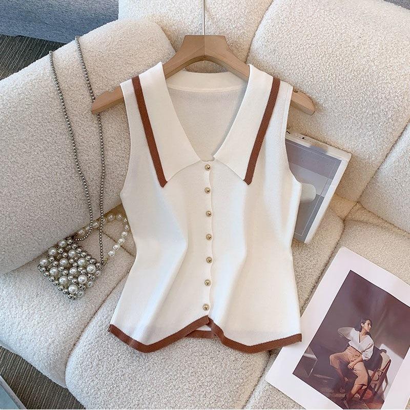Polo Collar Knit Vest with Gold Button Contrast-Trim Sleeveless Button-Front Cardigan Vest Women Spring Summer Trendy