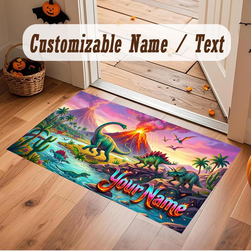 Dinosaur Theme Soft Crystal Velvet Rug Custom Name & Text Print Non Slip Floor Rug for Bedroom Living Room