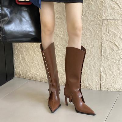 Autumn and Winter Pointed Button Thin Heel High Boots Women's Design Sense Two Wear Removable Rivet High Heel Boots