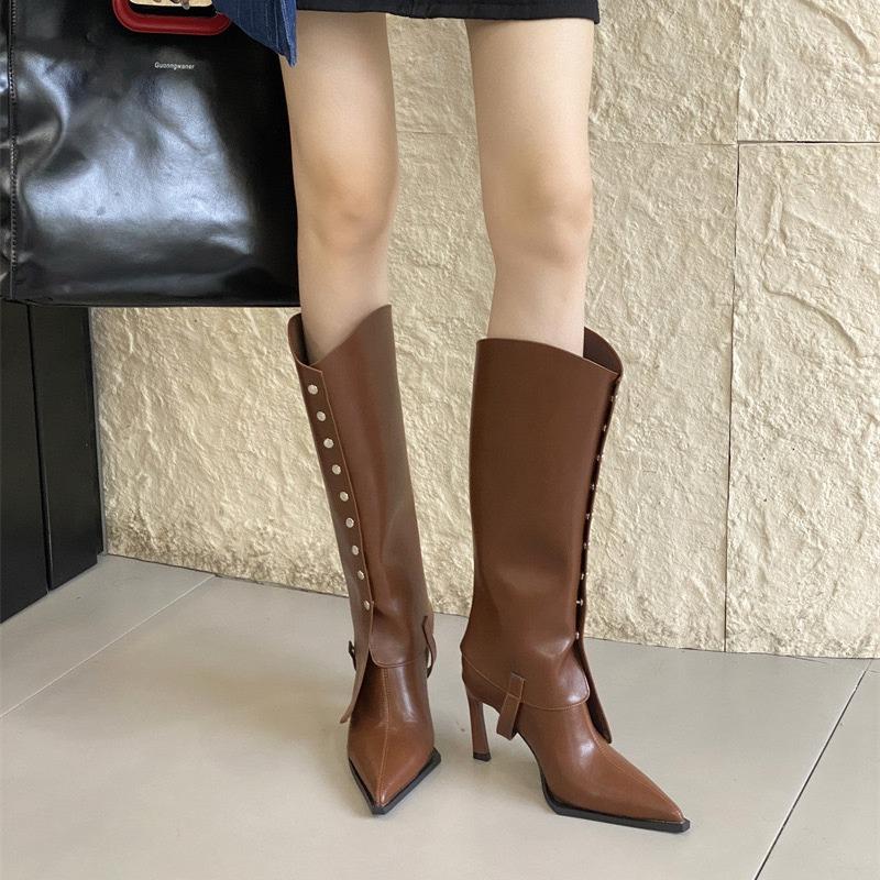 

Autumn and winter pointed button thin heel high boots women s design sense two wear removable rivet high heel boots 35 чорний