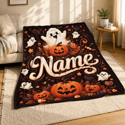 Name Halloween Ghosts Pumpkins Coral Fleece Blanket Spooky Decor