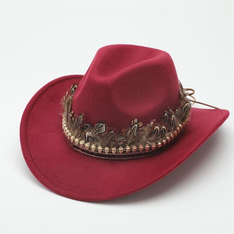 Western cowboy hat autumn and winter outdoor travel knight hat Tibetan ethnic style feather jazz hat top hat
