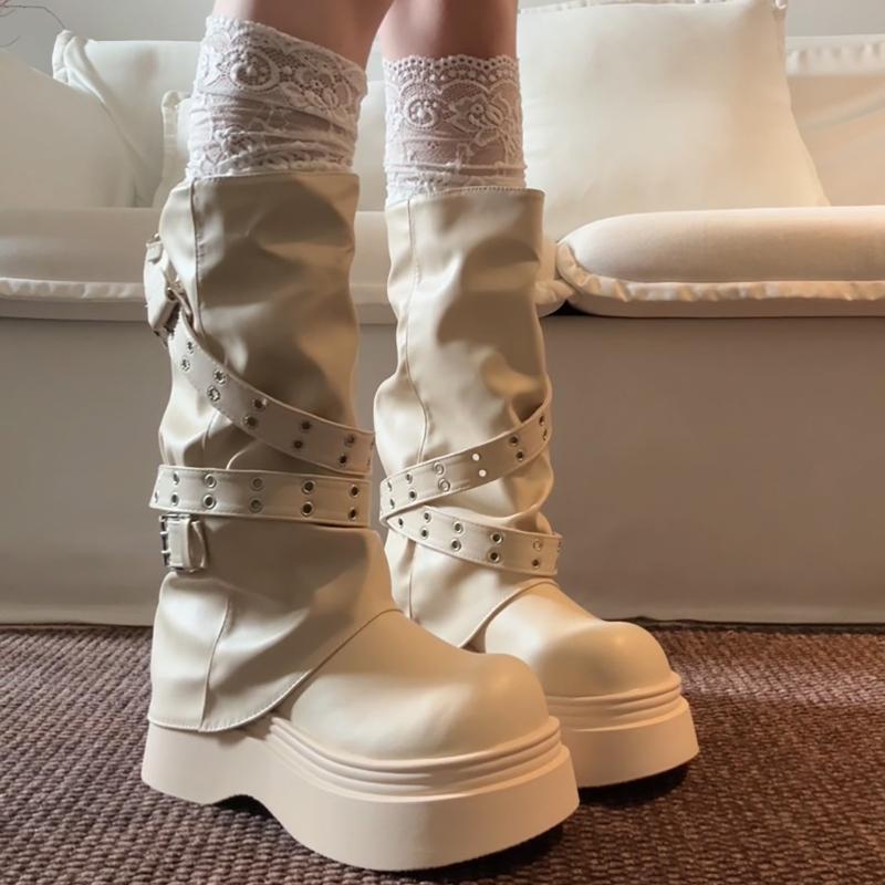Hottie Platform Thick Heel Women Knight Boots Fashion Belt Buckle Shoes Female Punk Rivet Mid Calf Booties De Muje