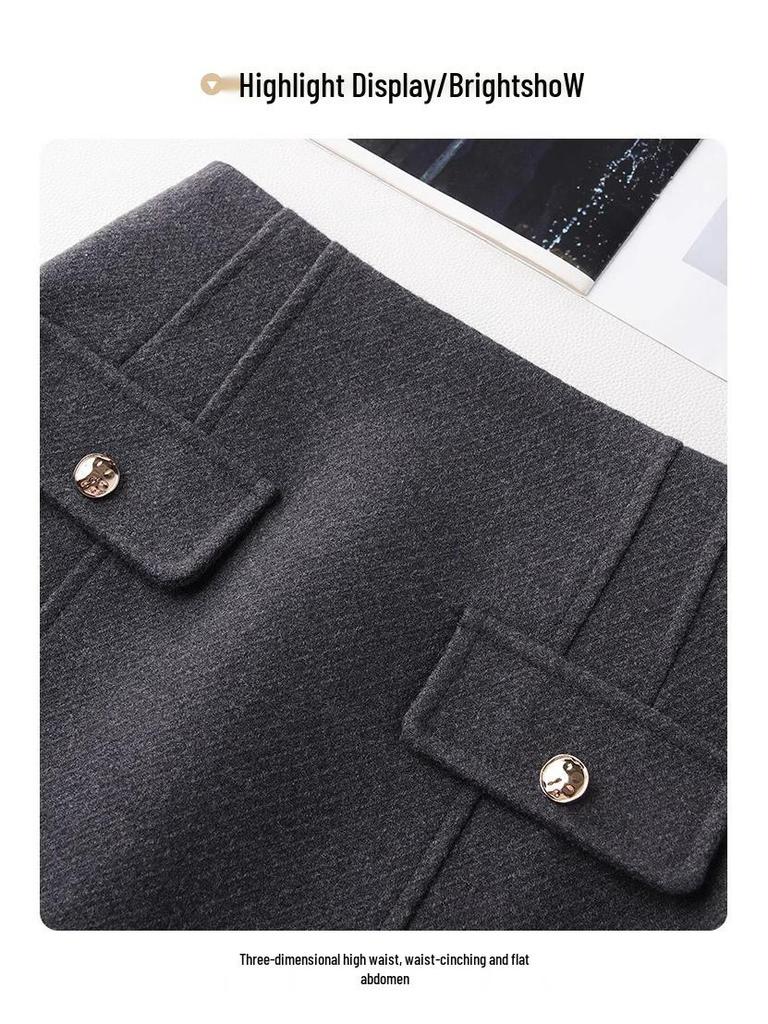 Women's High-Waisted Gray Wool Bodycon Skirt - Autumn/Winter 2024 A-Line Retro Mid-Length Skirt