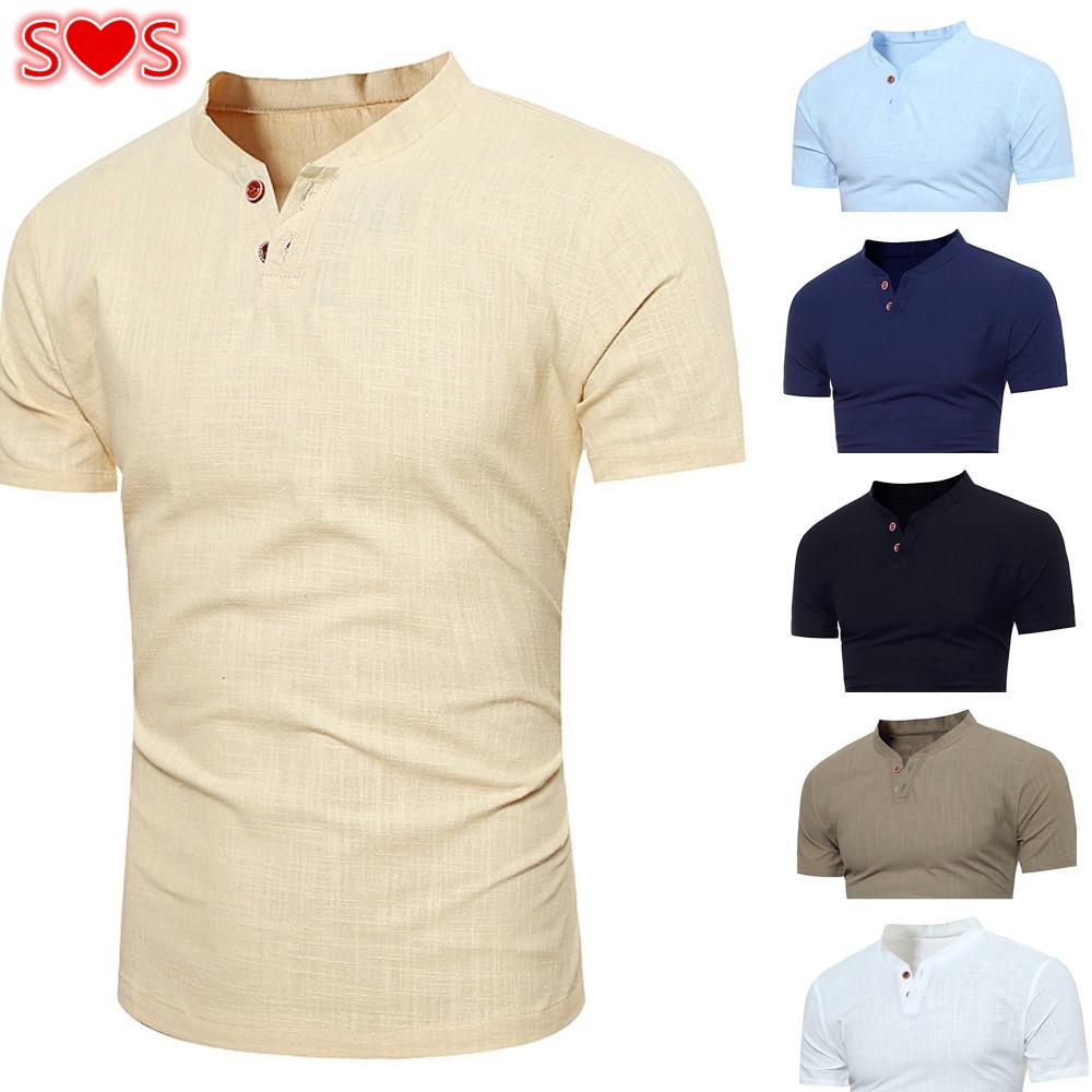 Mens Casual Tops Summer Short Sleeve T-Shirt Buton Linen Solid Blouse ...