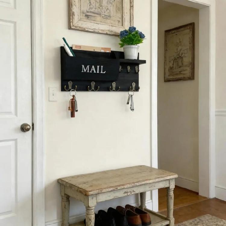 Handcrafted Wooden Wall Hanging Mail Key Shelf With Storage Pockets And Hooks Wall Mounted Letter Holder