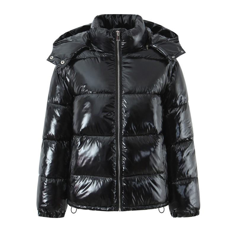 Ins Style Winter Hooded Puffer Jacket Solid Color PU Leather Cotton Coat Loose Fit Women
