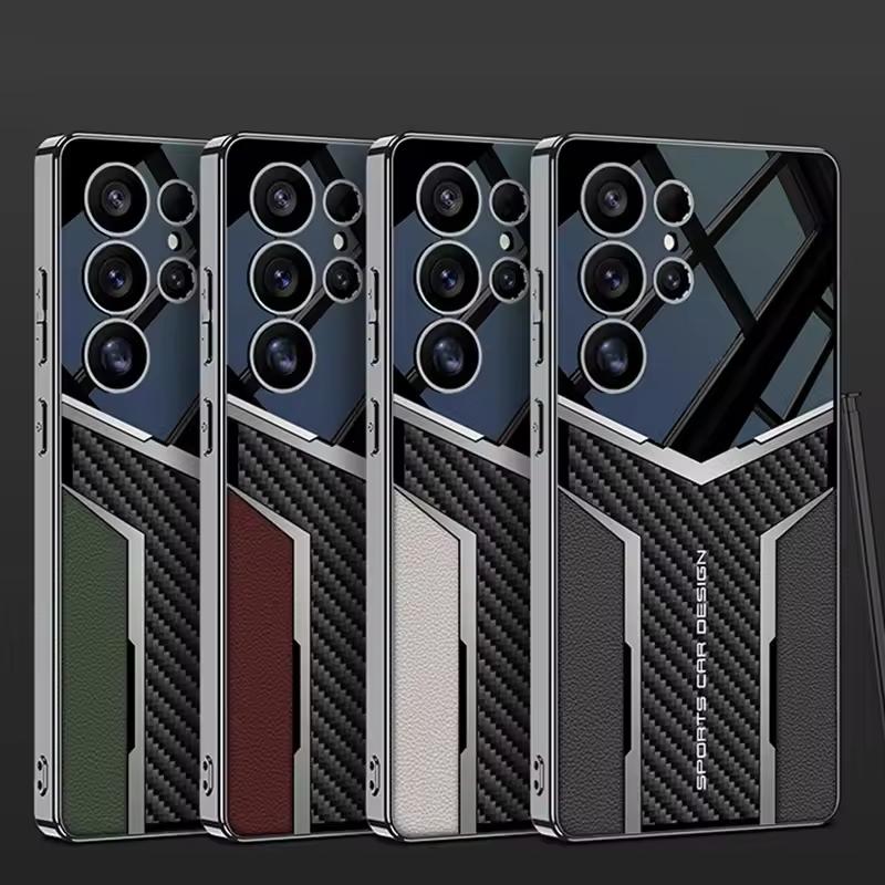 Electroplated Leather Business Shockproof Case for Samsung S25 S24 S23 Ultra Luxury Carbon Fiber Leather Stitching Phone Cover
