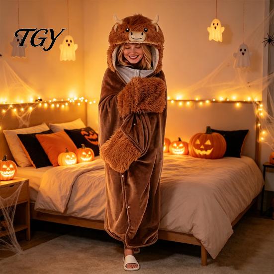 Versatile Pajama Cloak Halloween Wearable Blanket Hoodie, Cozy Hooded Highland Cow Cape, Soft Plush Sloth Black Cat for Women Home Loungewear