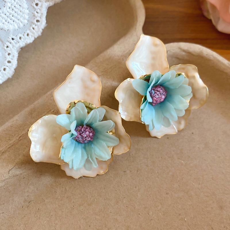 Steel needle oil dripping fabric flower stud earrings small fresh sweet elegant temperament earrings summer seaside vacation style earrings