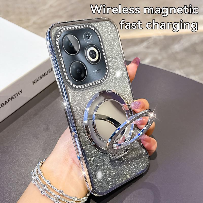 KEYSION Luxury Glitter Jewelled Magnetic Phone Case for TECNO Spark Go 2023 20 20C Pop 8 Makeup Mirror Stand Shockproof Cover