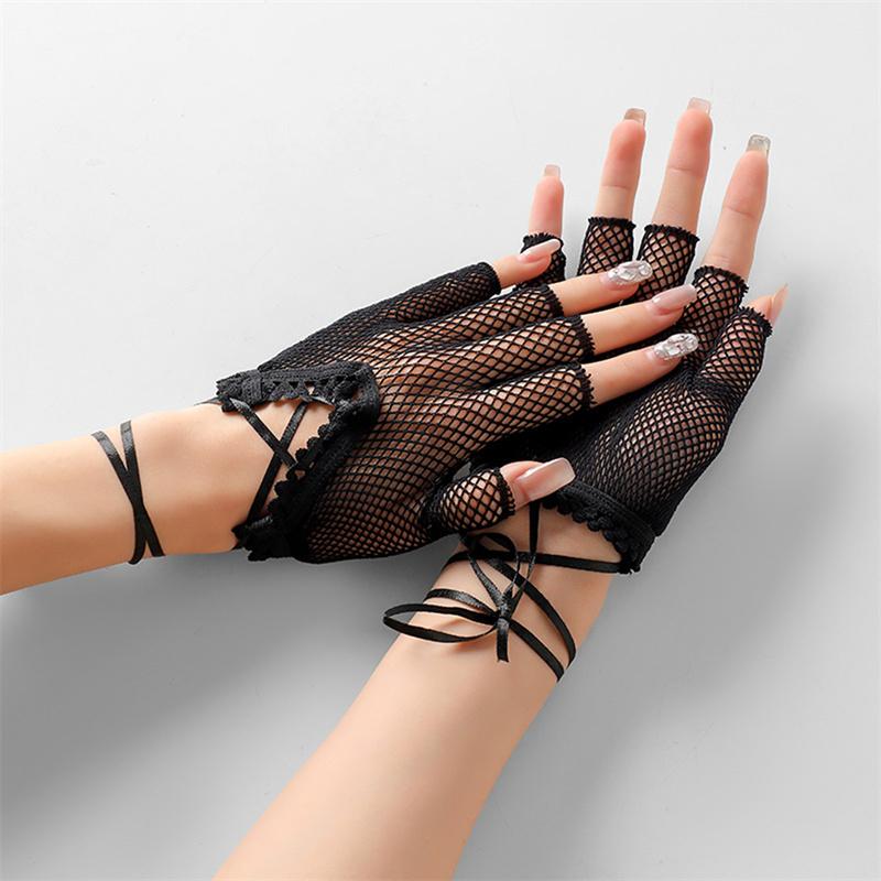 Fashion Women's Mesh Lace Gloves Dancing Party Half Finger Skeleton Gloves Halloween Short Gloves