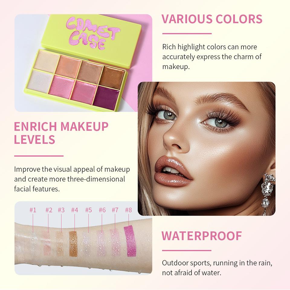 8-farebná krémová paleta rozjasňovačov trblietavý lesk rozjasňovač ľahký krém na make-up rozjasniť tvár telo prirodzený kontúrny kozmetický