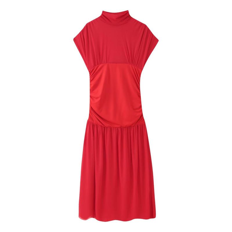 

European and American Women s Silk Net Patchwork Midi Dress Medium красный