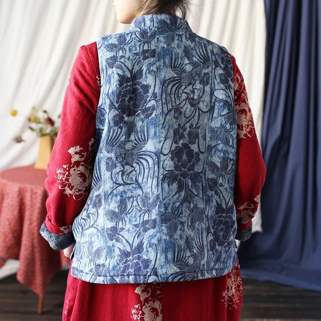 Johnature Gilet da donna vintage con bottoni cappotti con stampa floreale e vestiti in cotone Gilet da donna in stile cinese primaverile