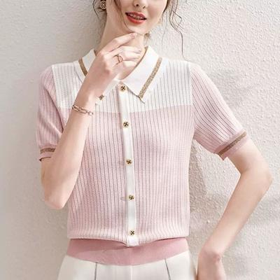 Women's Polo Collar Knitted Summer Thin 2024 New Fashion Casual Color-blocked Versatile Short Sleeved Button Loose T-shirts Tops