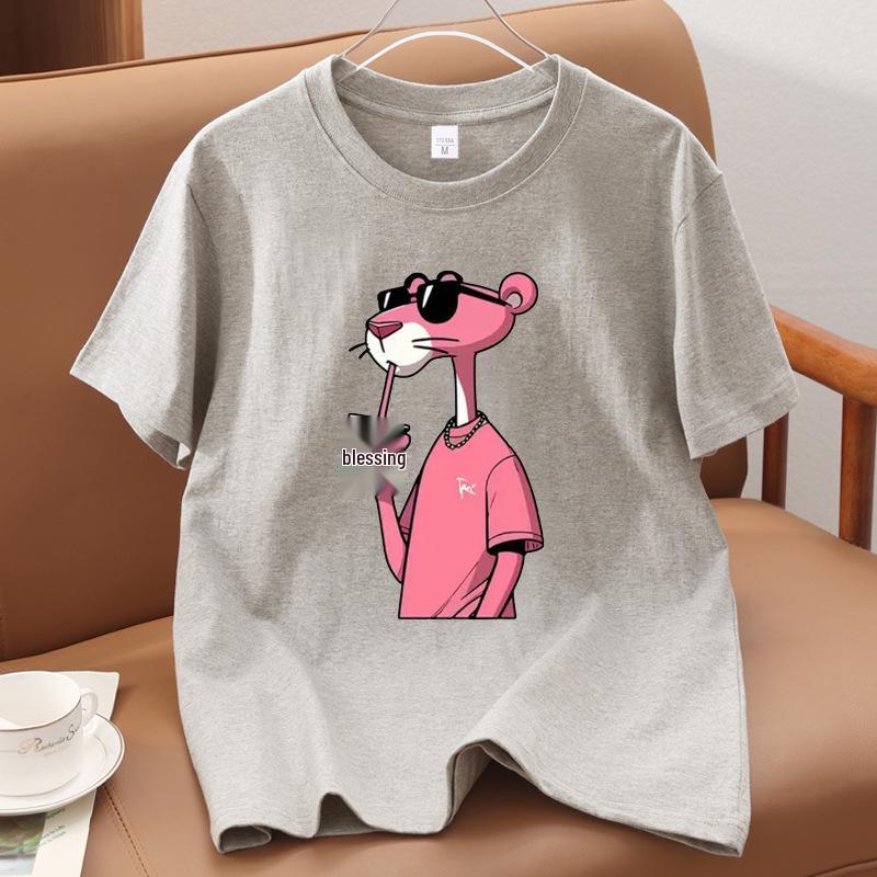 Unisex Pink Leopard Print Short Sleeve Cotton Top