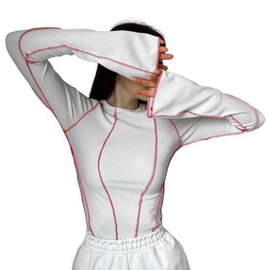 Women T-shirt Round Neck Long Flared Sleeve T-shirt Slim Fit Ribbed Three-Dimensional Line Decoration Pullover Tops