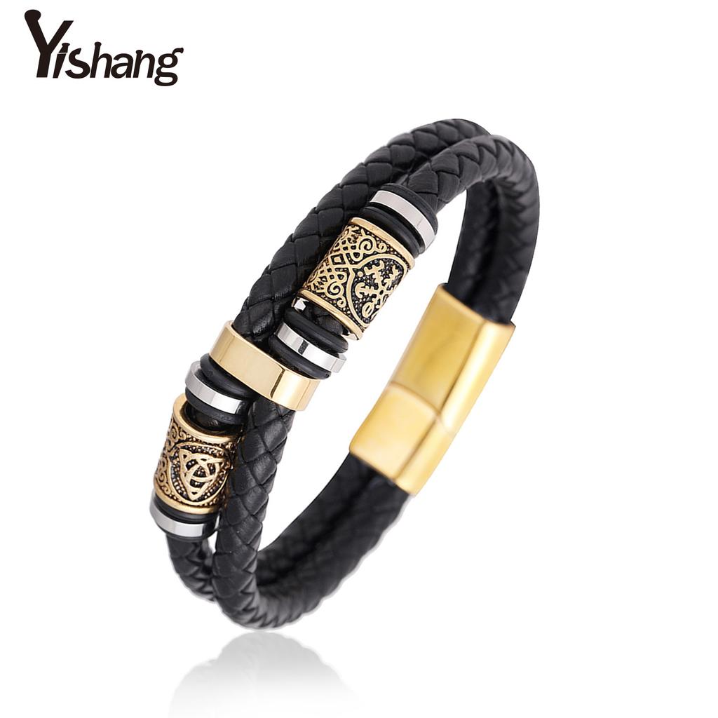 Nordic Viking Bracelet Stainless Steel Gold Double Strip Leather Braided Bracelet Multi Layer Leather Bracelet Jewelry