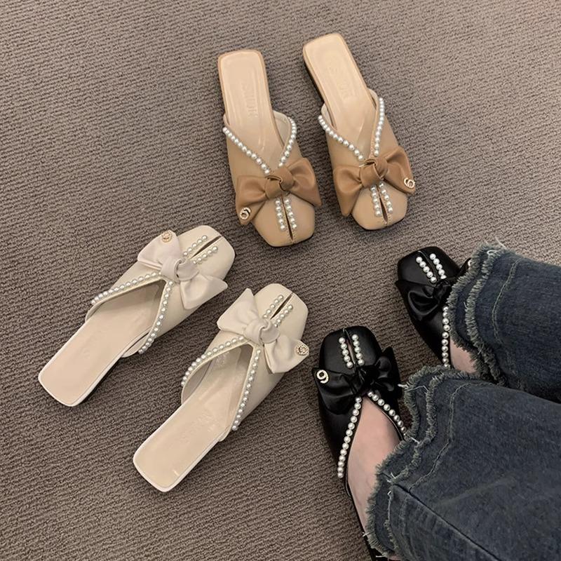 Baotou Half Slippers Women's Summer Outer Wear New Year's New Korean Version Bow Pearl Flat Bottom Soft Bottom Fish Mouth Sandals