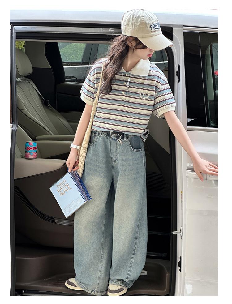 Girls' short sleeved polo shirt summer set, new summer outfit, children's women's clothing, student jeans two-piece set