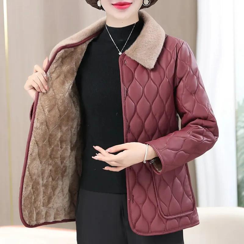 Winter Plush Jacket Winter Mom's Fashion Plus Size Loose Thick Fur Collar Coat For Mid-Aged Women With Velvet Warm Quilted Coat