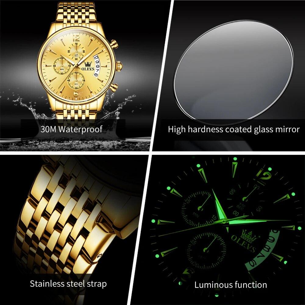 OLEVS Men's Watches Waterproof Luminous Sport Watch Chronograph Multifunction Business Fashion Gold Men's Quartz Watch