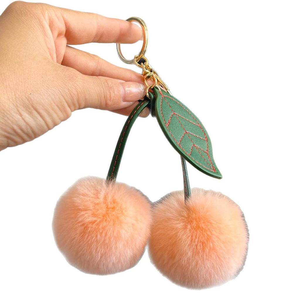 Faux Fur Cherry Leaf Plush Keychain - Fashionable, Cute Car Charm