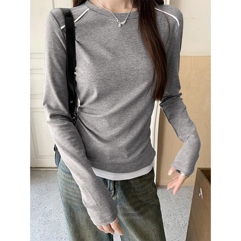 

Поддельные две базовые модели с длинными рукавами футболок для женщин, милые девушки, контрастные цвета, утягивающие, новые осенние топы-нижки L