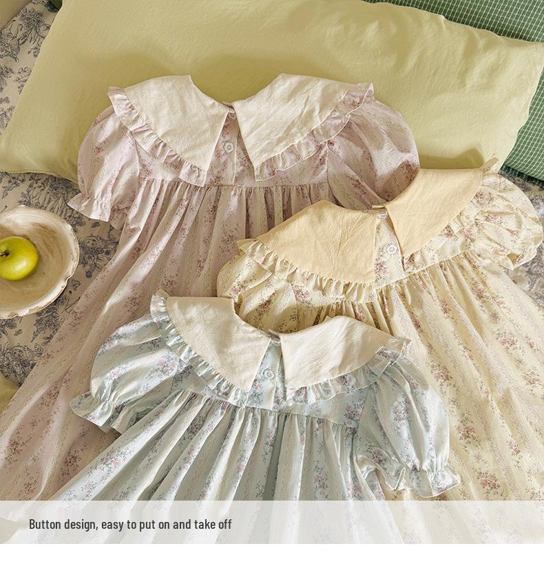 2026 Summer Doll Collar Color Block Girls' Dress – French Print Short Sleeve Princess Korean Style