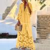 Bohemian Casual Fashion Long Dress V Neck Lace Tassel Large Size Solid Color