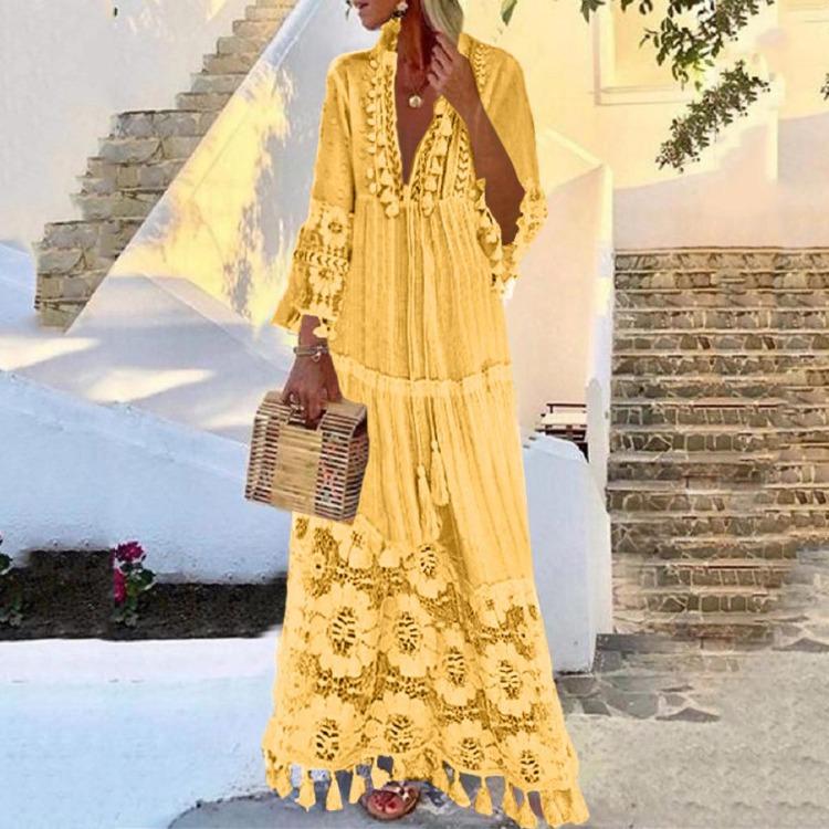 Bohemian Casual Fashion Long Dress V Neck Lace Tassel Large Size Solid Color
